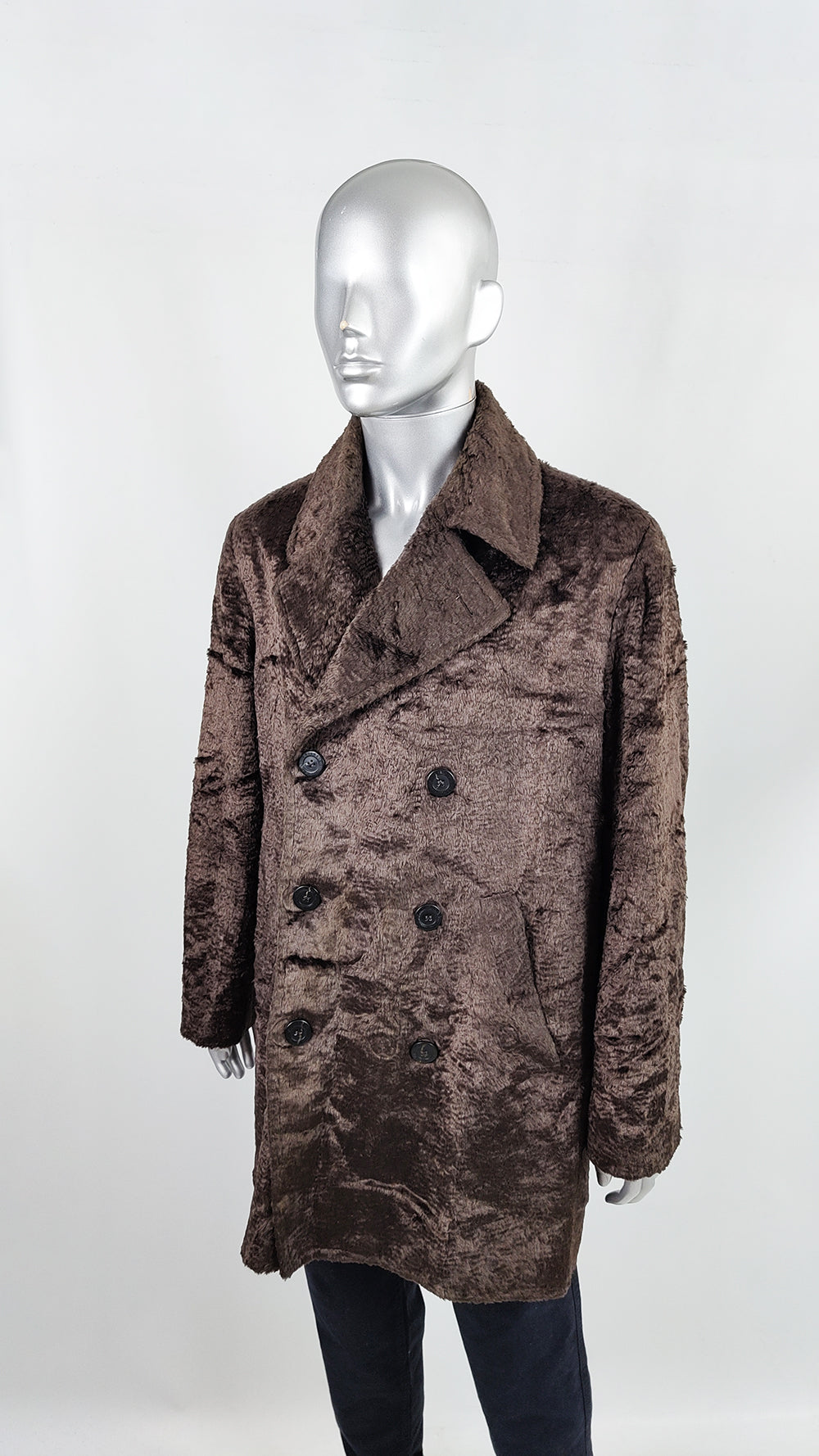 A vintage mens Valentino jacket in brown faux fur with a peacoat style double breasted fastening.