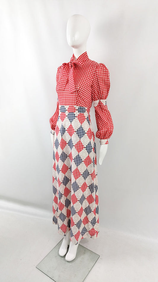 A mannequin wearing a beautiful vintage maxi dress from the 1970s with a gingham print on top and a diamond patchwork print on the bottom.