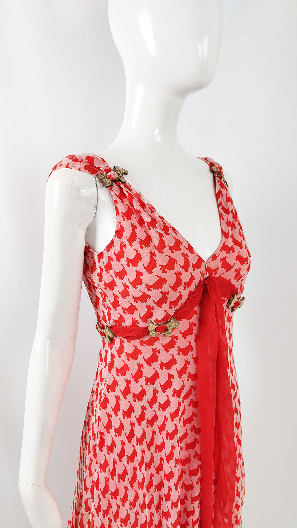 Ronit Zilkha Vintage Red & Pink Silk Chiffon Scottie Dog Dress