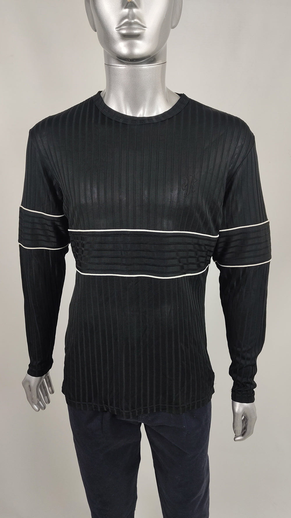 Nick Coleman Mens Vintage Black Ribbed Sheer Knit Jersey Top, 1990s