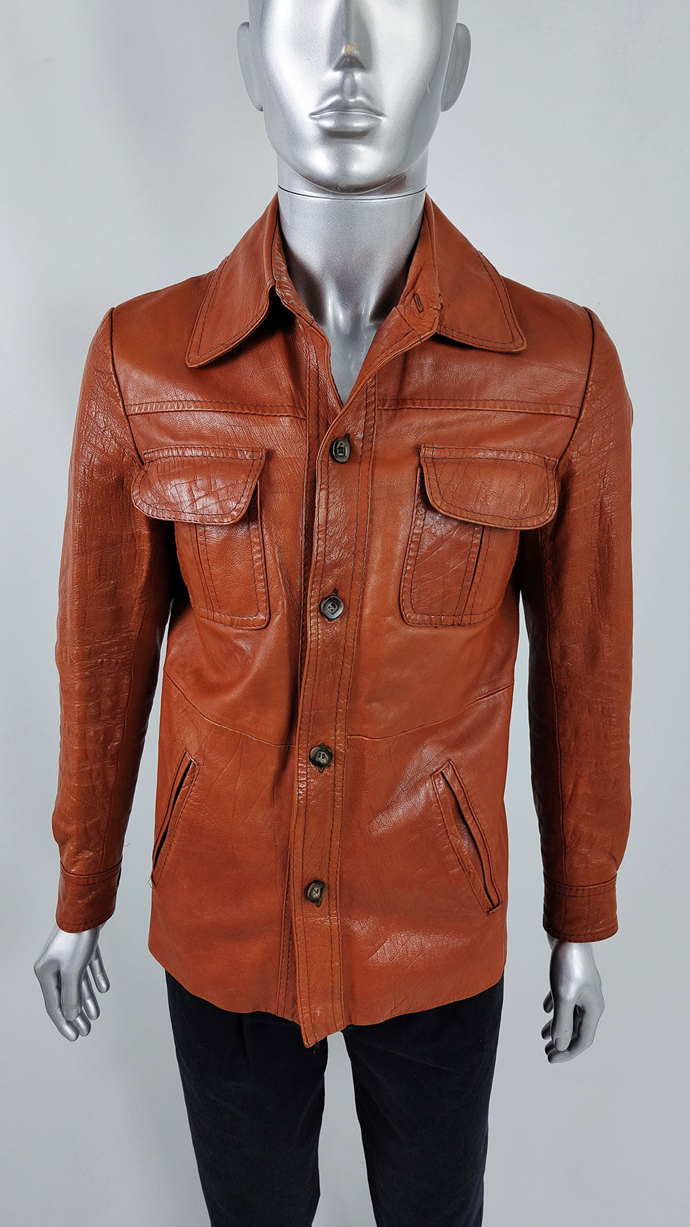 Hepworths Vintage 1970s Mens Burnt Orange Real Leather Jacket