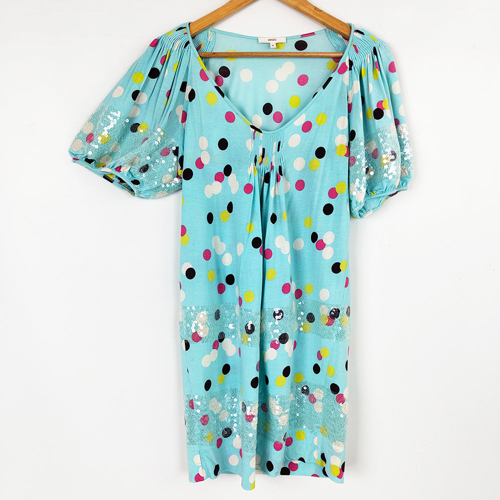 Kenzo Vintage Light Blue y2k Polka Dot & Sequin Dress, 2000s