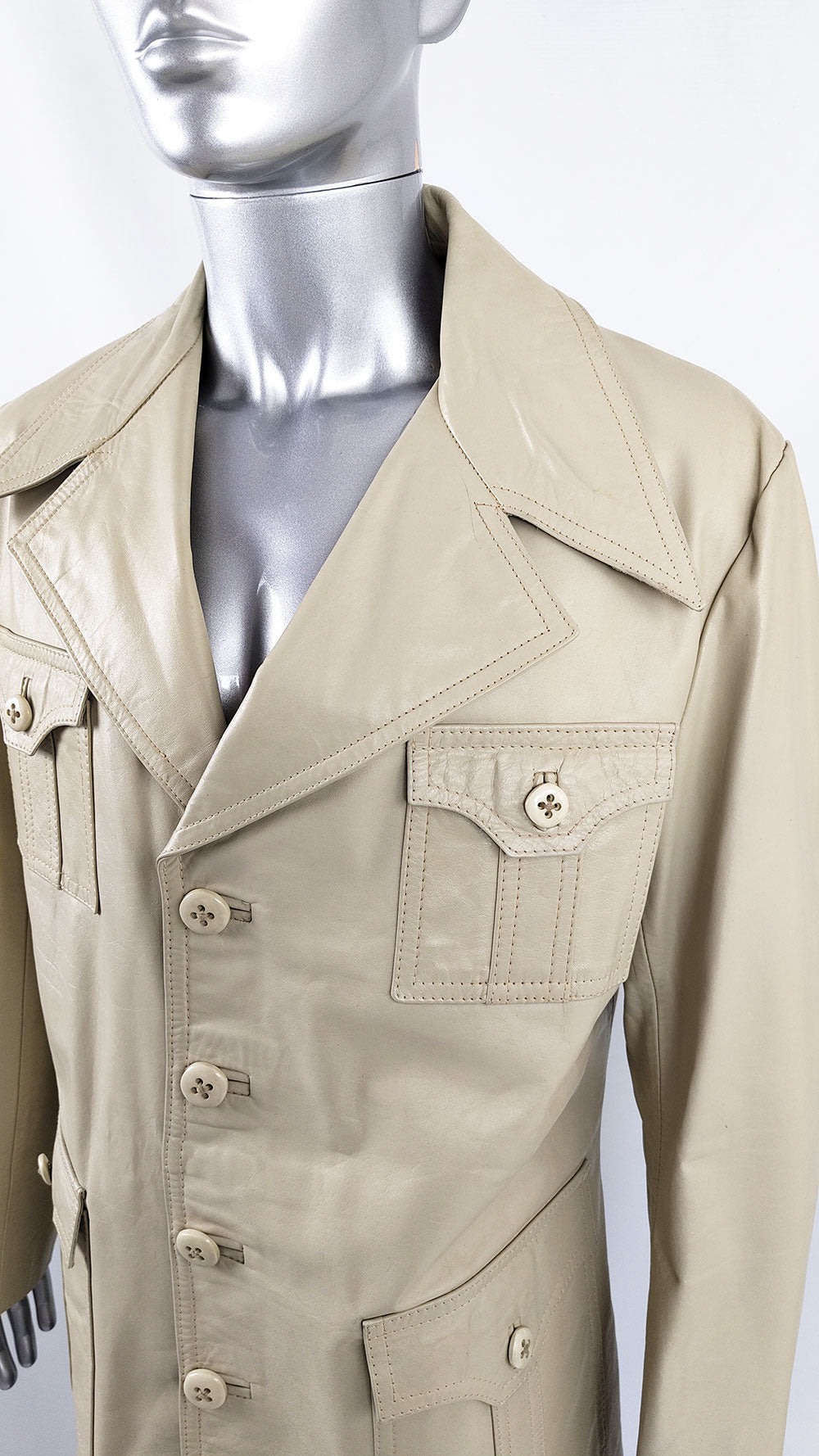 Vintage 60s 70s Mens Cream Real Leather Jacket