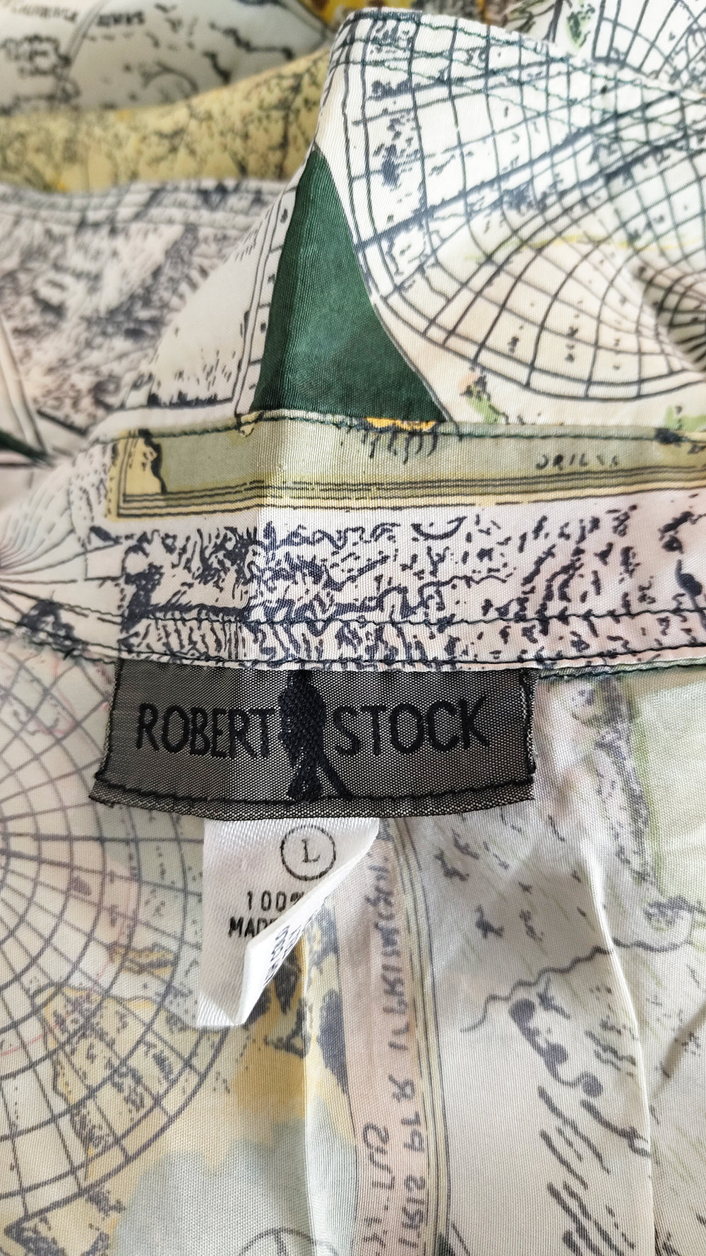 Vintage Mens Green Map Patterned Pure Silk Shirt, 1990s
