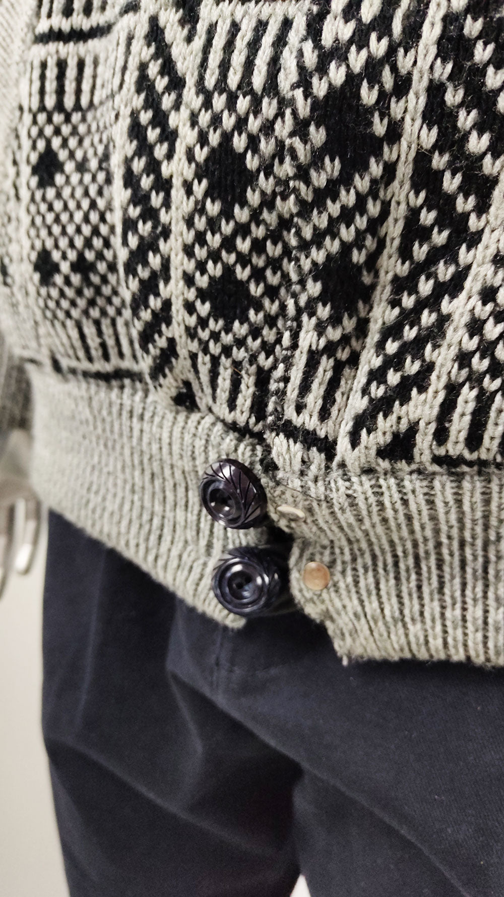 Vintage Mens Knit & Black Leather Zip Front Jacket, 1980s