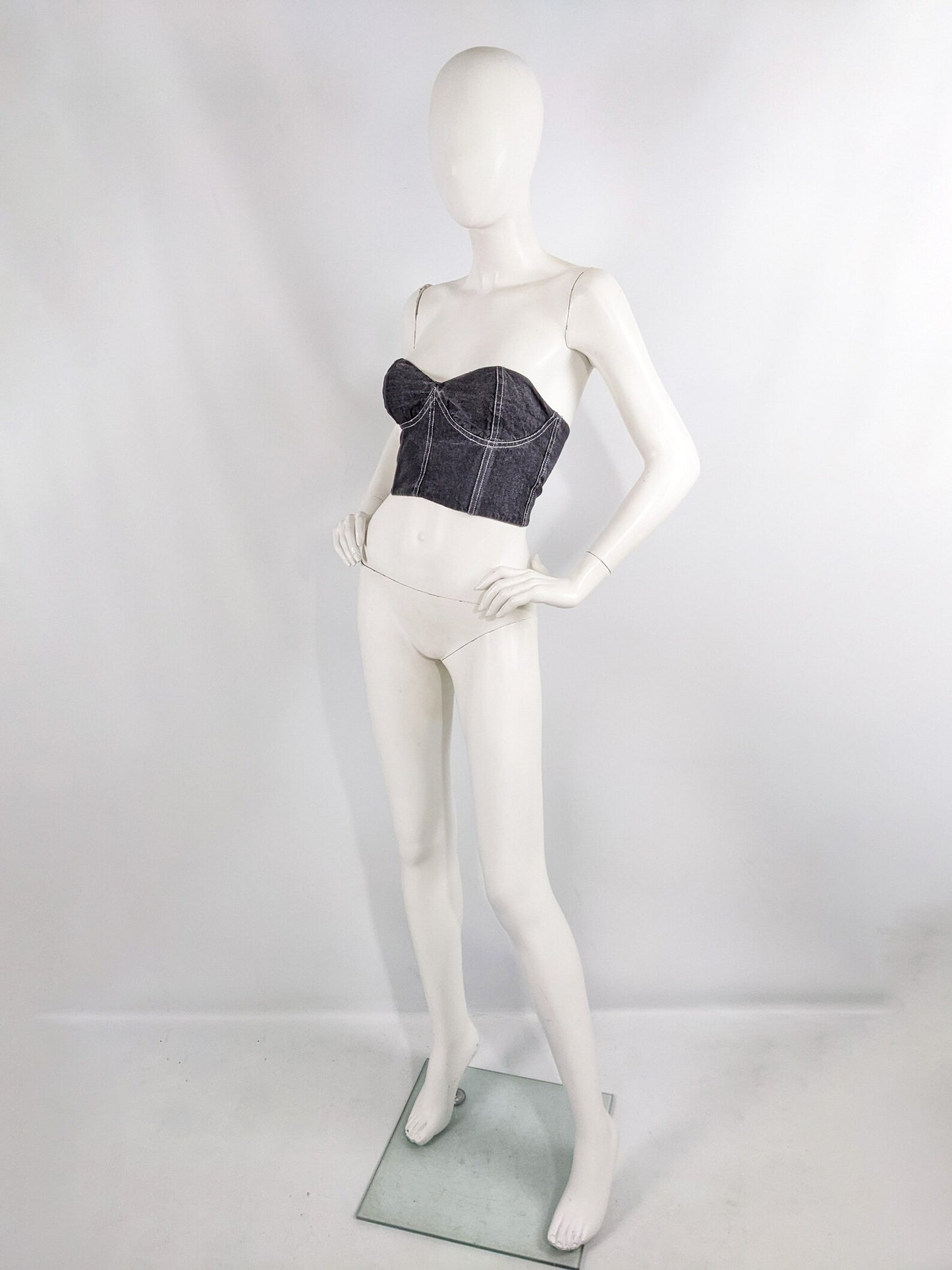 Genny Vintage Womens Black Denim Bustier Top, 1980s