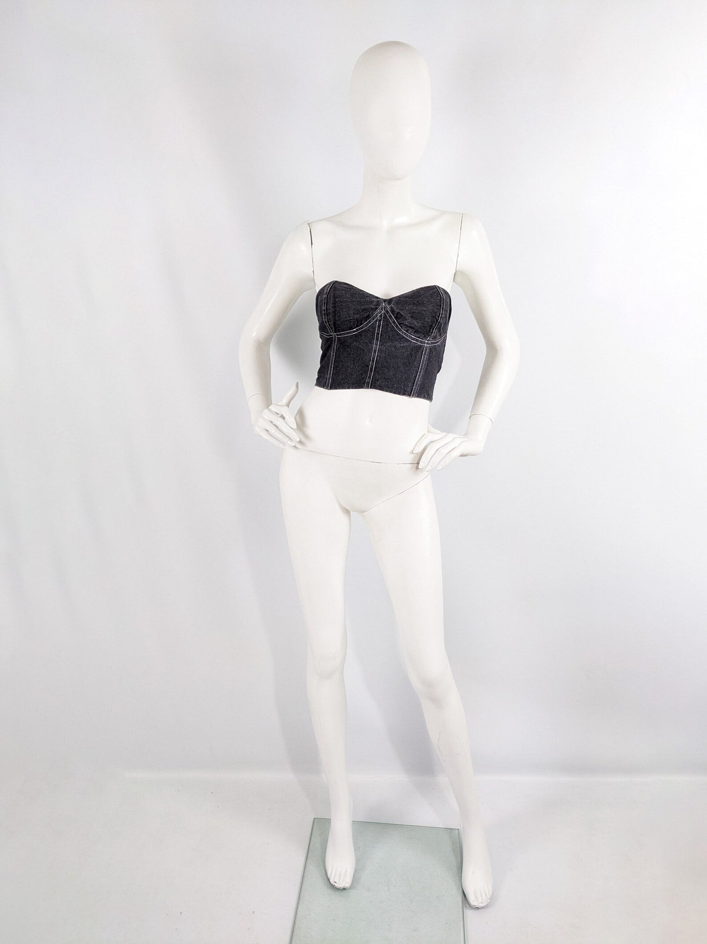 Genny Vintage Womens Black Denim Bustier Top, 1980s