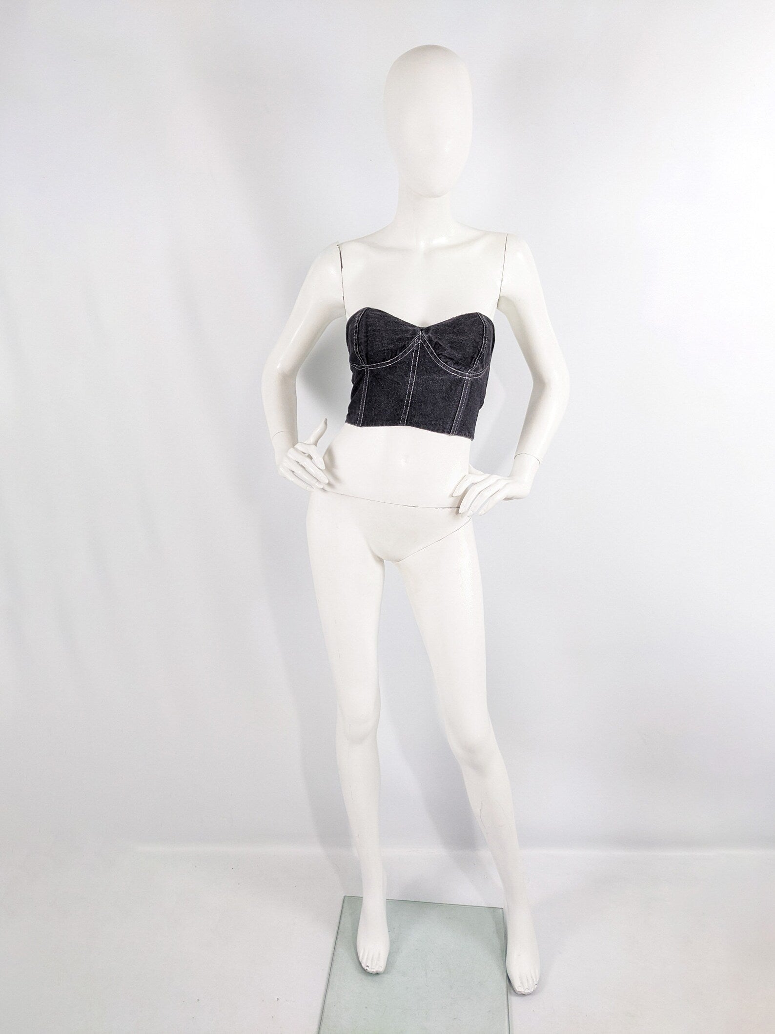 Genny Vintage Womens Black Denim Bustier Top, 1980s