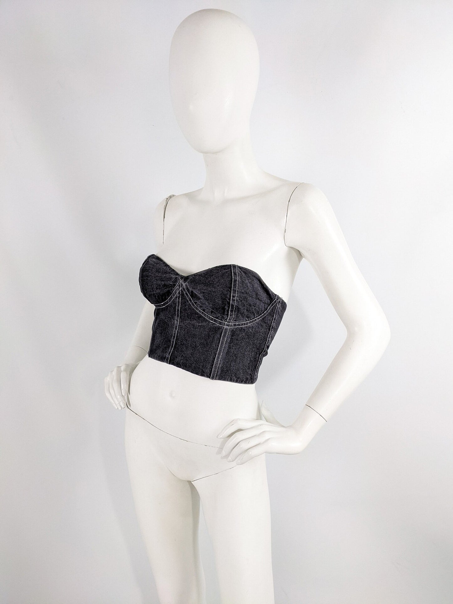 Genny Vintage Womens Black Denim Bustier Top, 1980s
