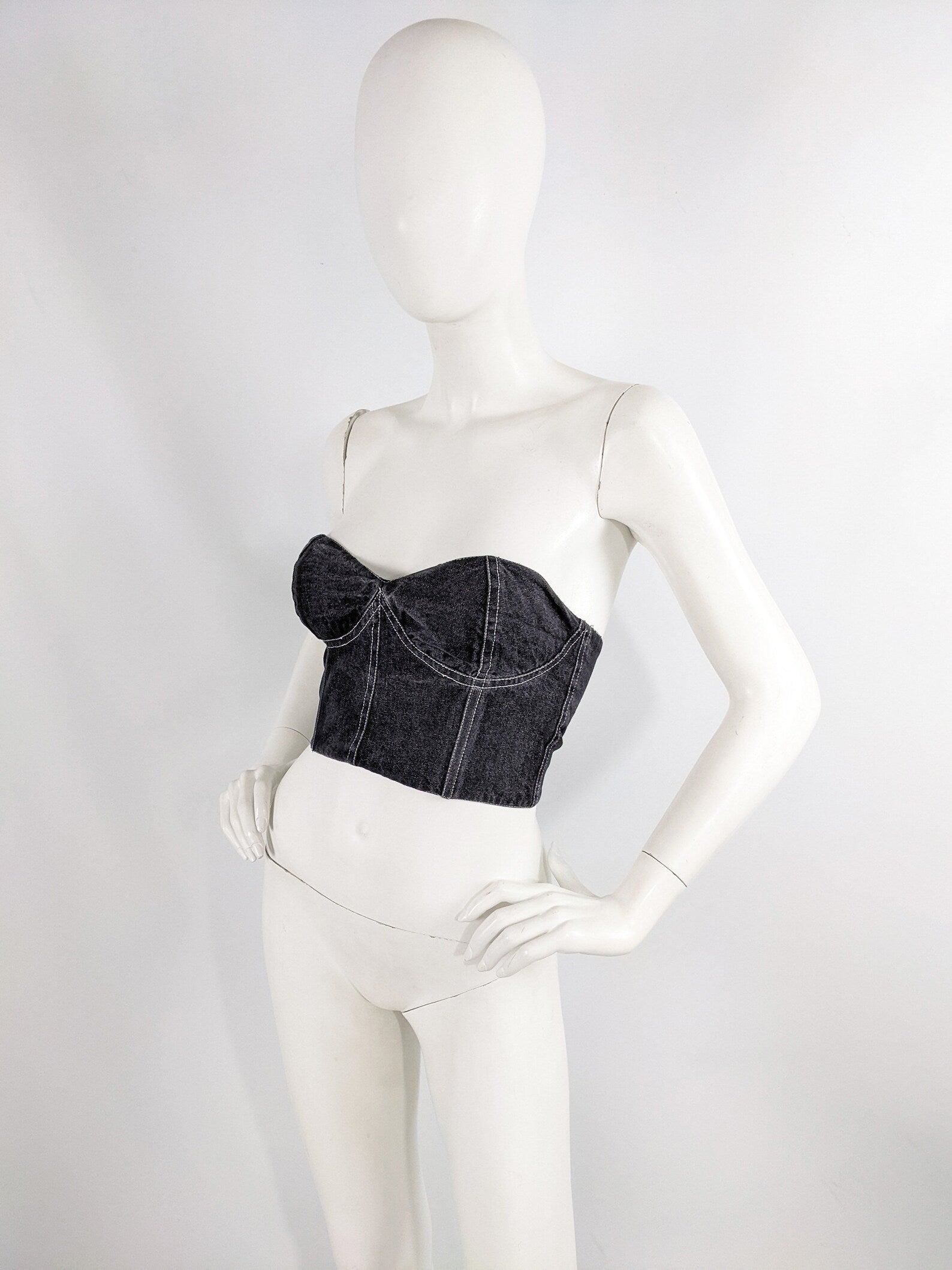 Genny Vintage Womens Black Denim Bustier Top, 1980s