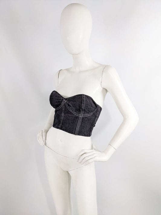 Genny Vintage Womens Black Denim Bustier Top, 1980s