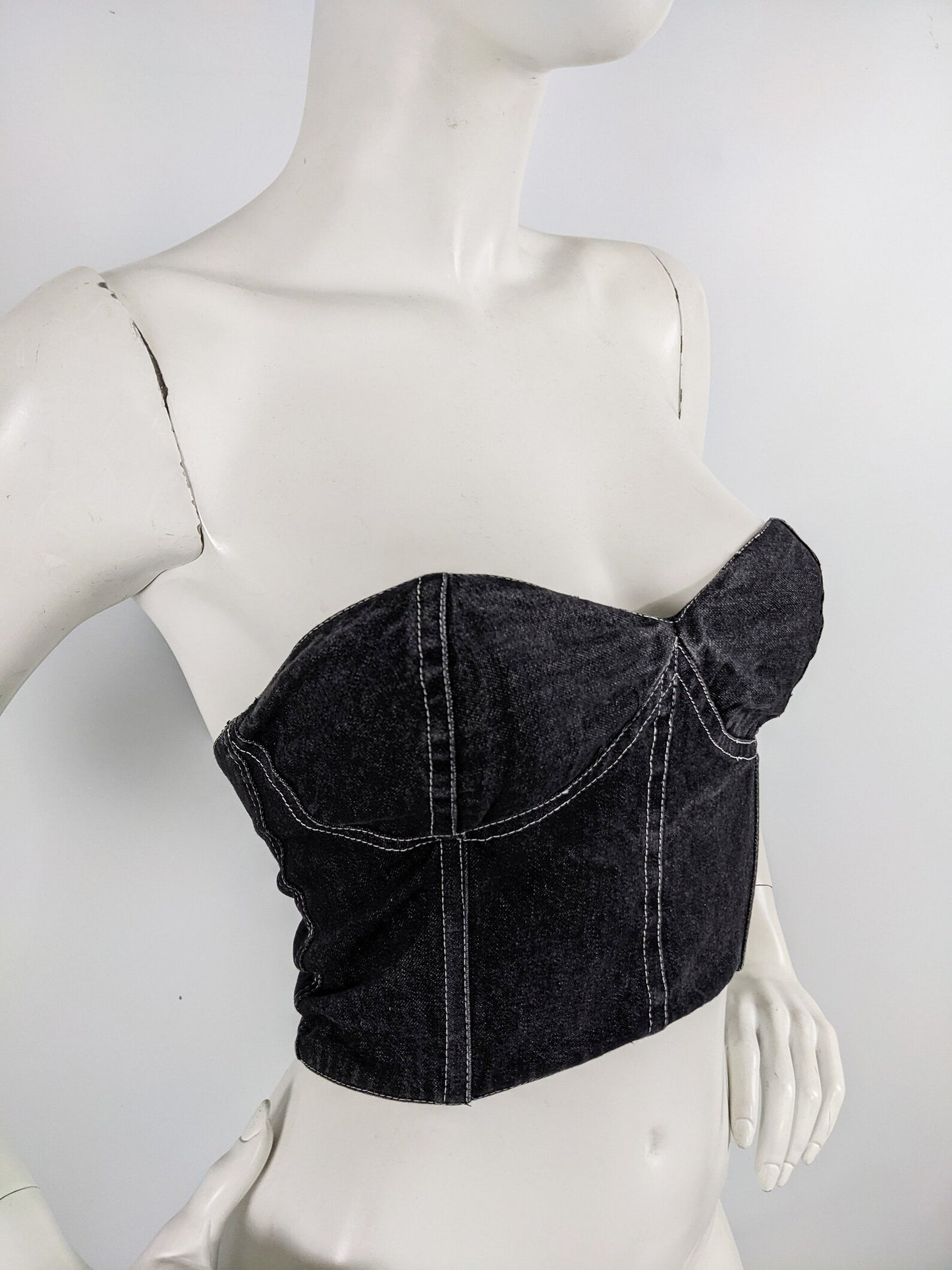 Genny Vintage Womens Black Denim Bustier Top, 1980s