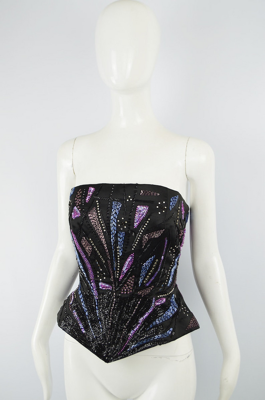 Franka London Couture Beaded Satin Corset Top, 1980s