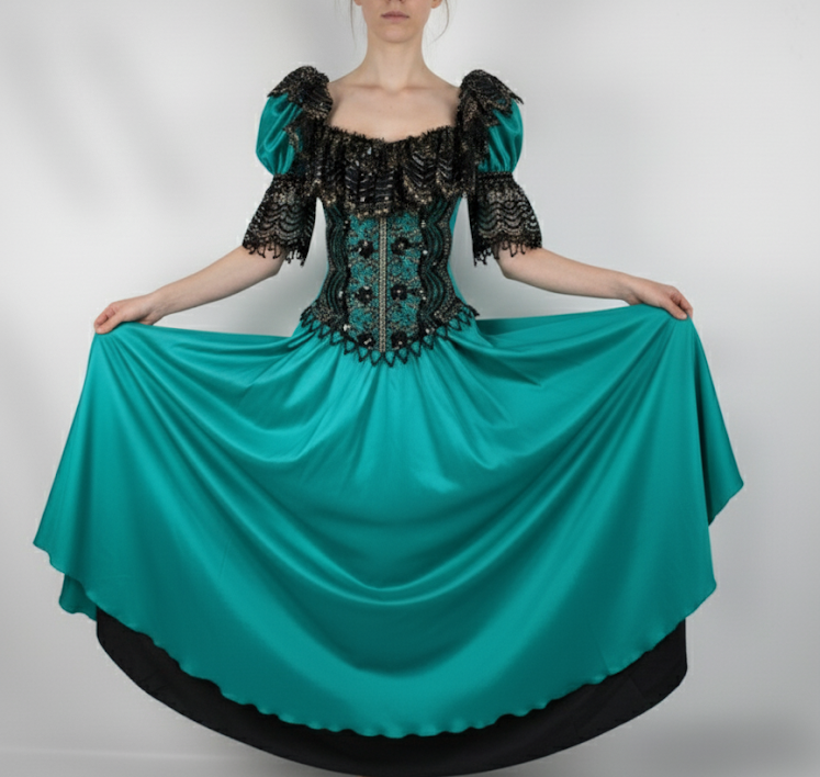 Vintage Taffeta & Black Lace Victorian Style Evening Dress, 1980s