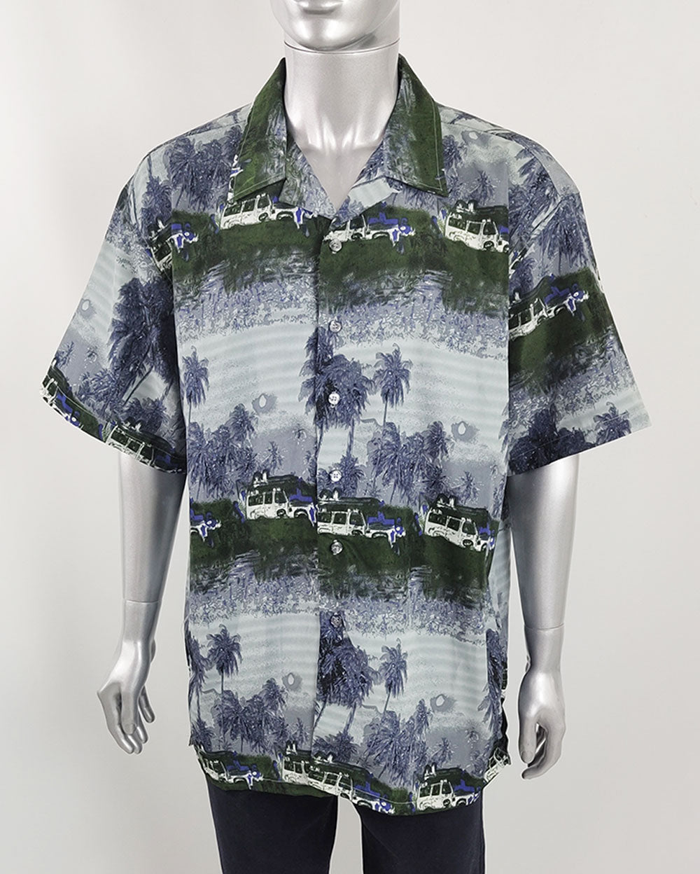 Vintage South Pole 2000s Shirt featuring a blue, purple and green hawaiian print with jeeps.