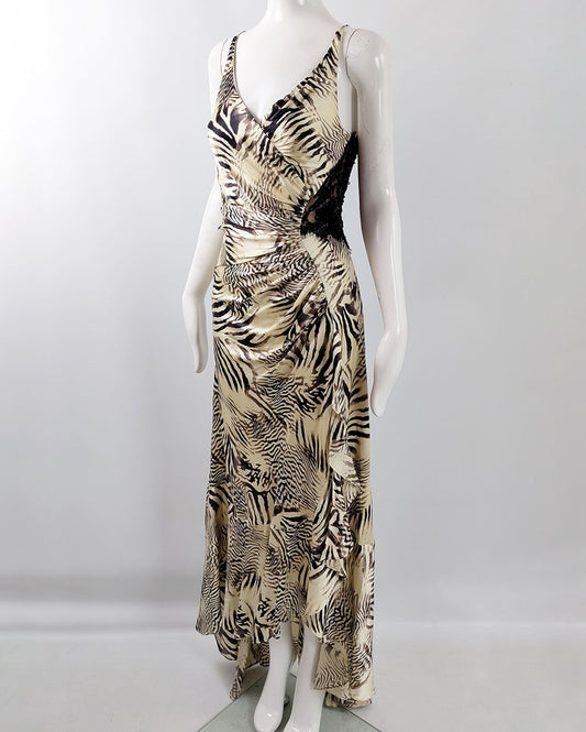 A vintage sagaie paris y2k dress from the 2000s in  a zebra print fabric.