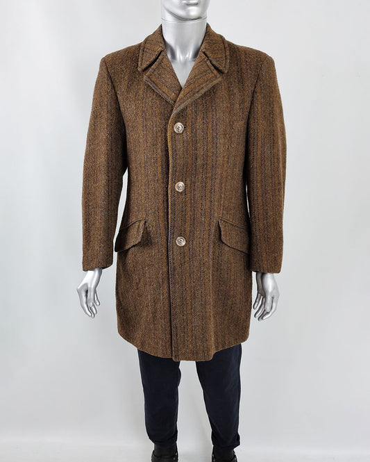 An image of a vintage mens coat in a brown wool and cashmere fabric by Alexandre of London.