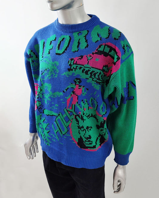 An image of a vintage pop art sweater from the 1980s featuring a California print.