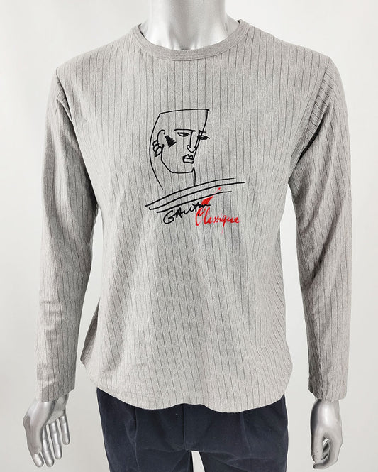 An image of a grey cotton long sleeve t shirt by Jean Paul Gaultier. 