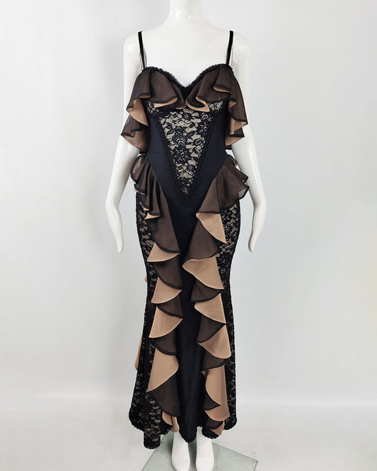 1990s vintage Catwalk Collection dress in a black lace and nude satin.