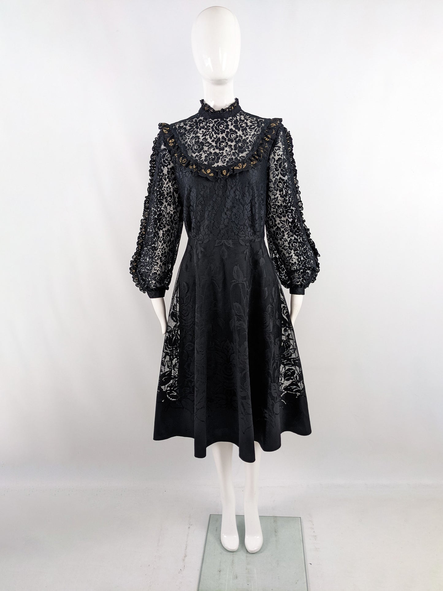 Vintage Black & Gold Lace Victorian Evening Dress, 1980s