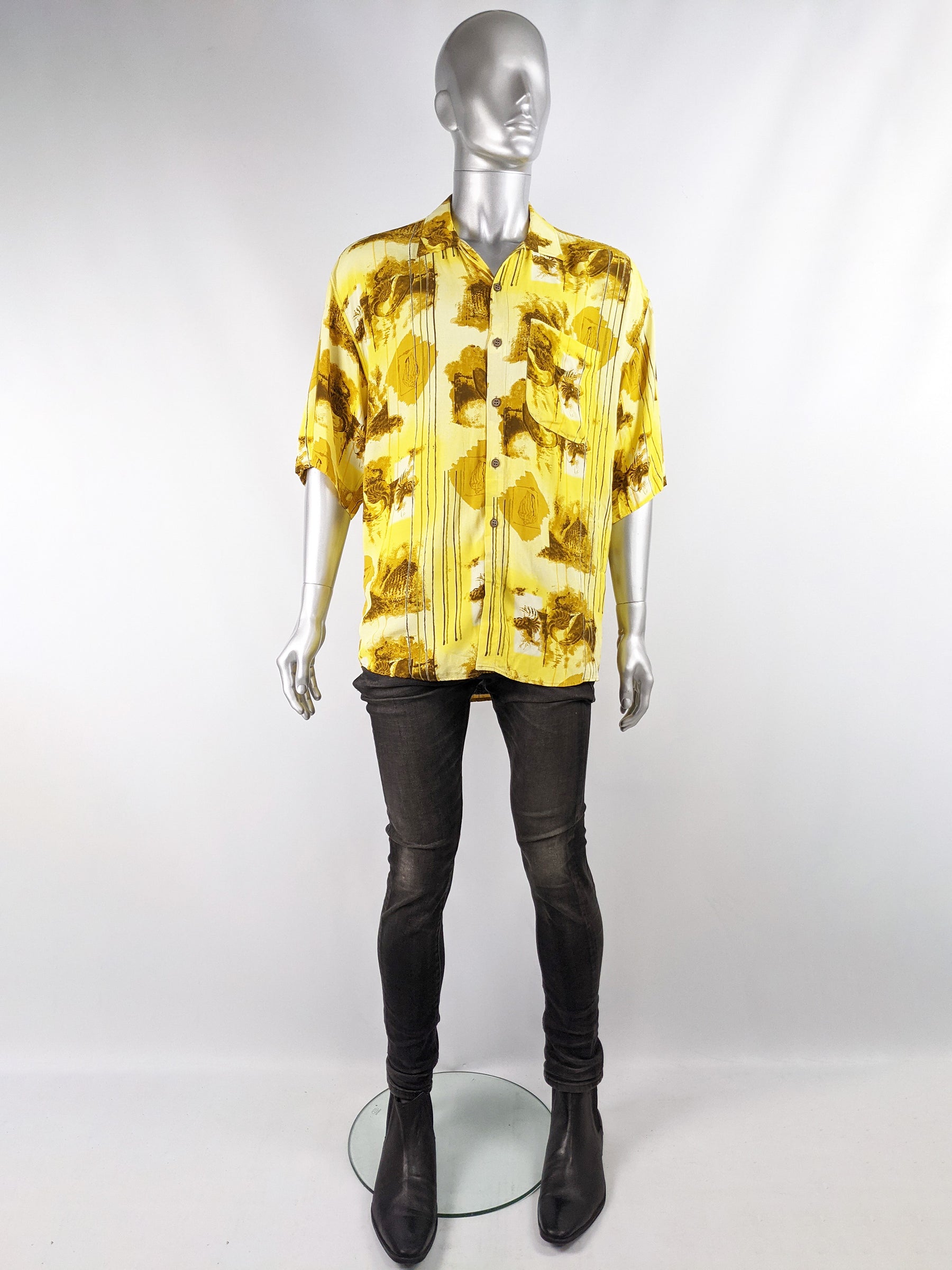 Mens Vintage Oversized Yellow Rayon Shirt, 1980s
