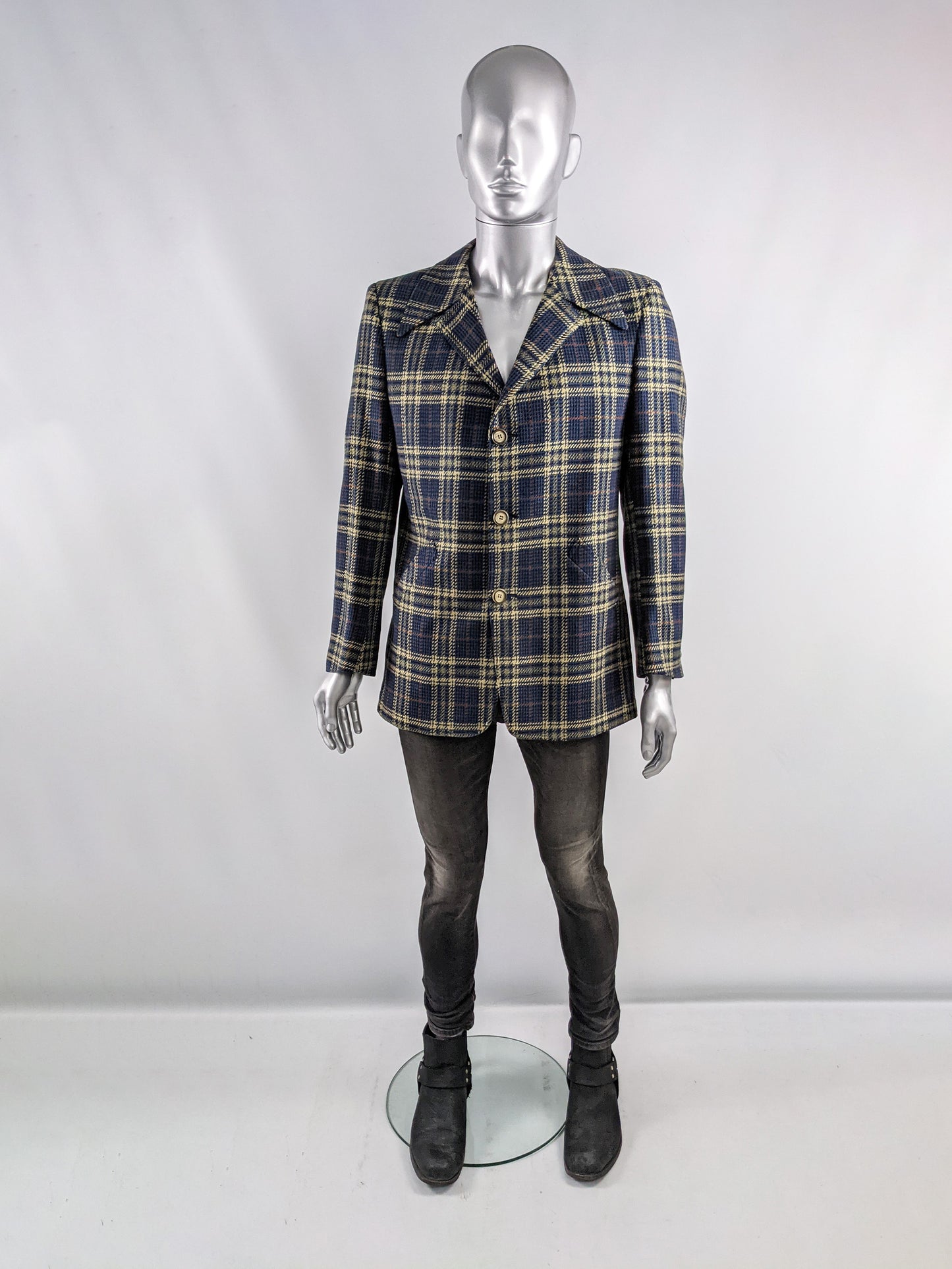 Simon of London Vintage Mens Blue Pure Wool Checked Jacket, 1970s