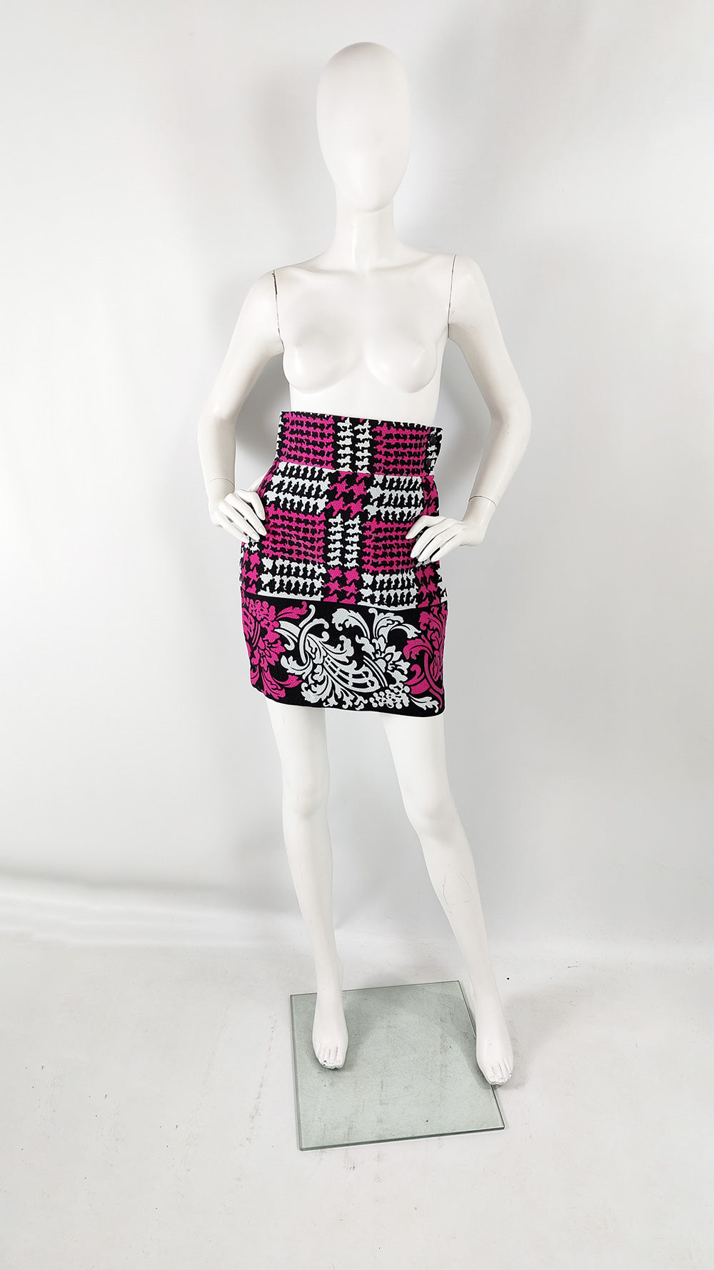 Christian Lacroix Vintage Black, Fuchsia & White Houndstooth Skirt, 1990s