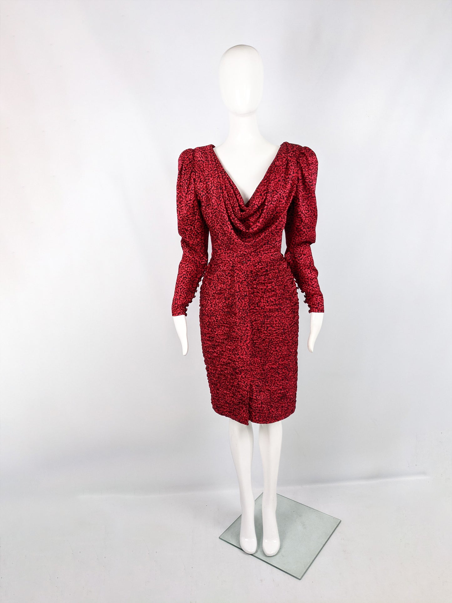 Vintage Red & Black Silk Shoulder Padded Party Dress, 1980s