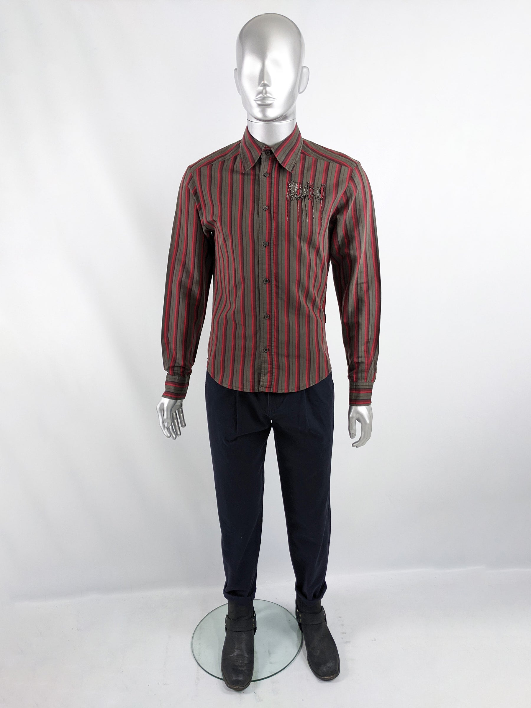 Versace Vintage Mens Red Beaded 'Rebel' Long Sleeve Shirt, 1990s