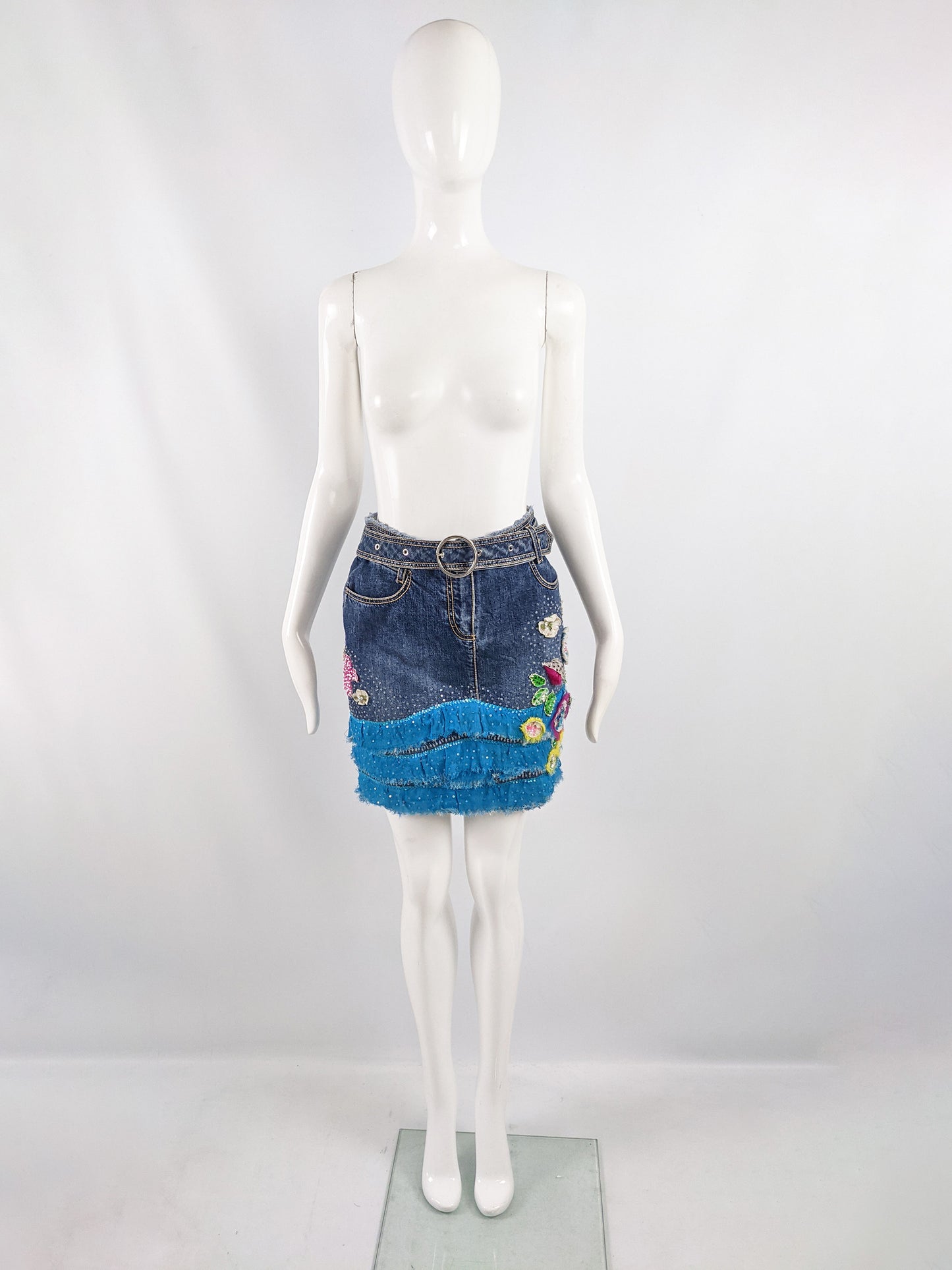 Vintage Floral Beaded y2k Denim & Chiffon Skirt, 2000s