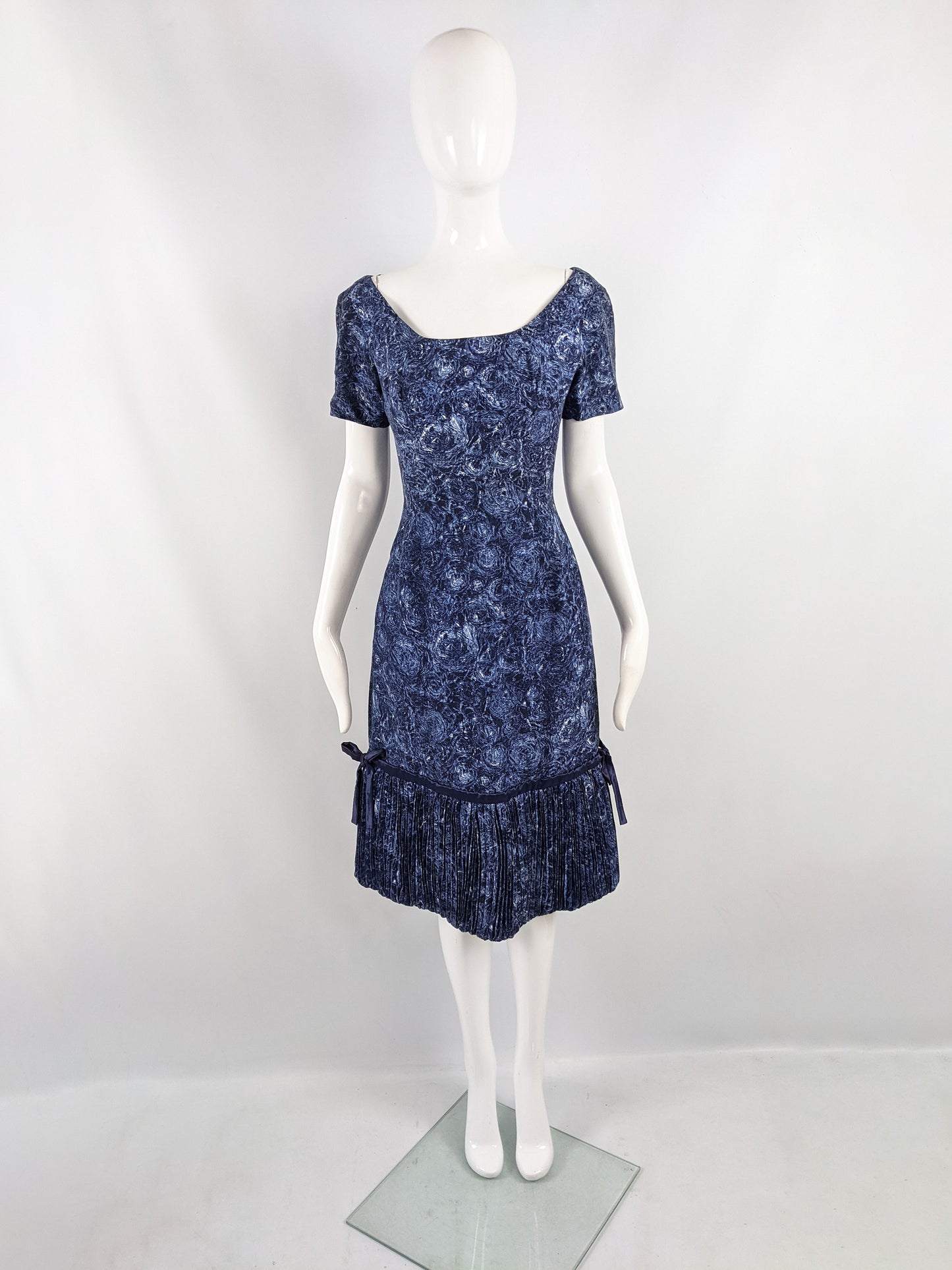 Vintage Blue Floral Wool Dress with Pleated Bubble Hem, 1950s