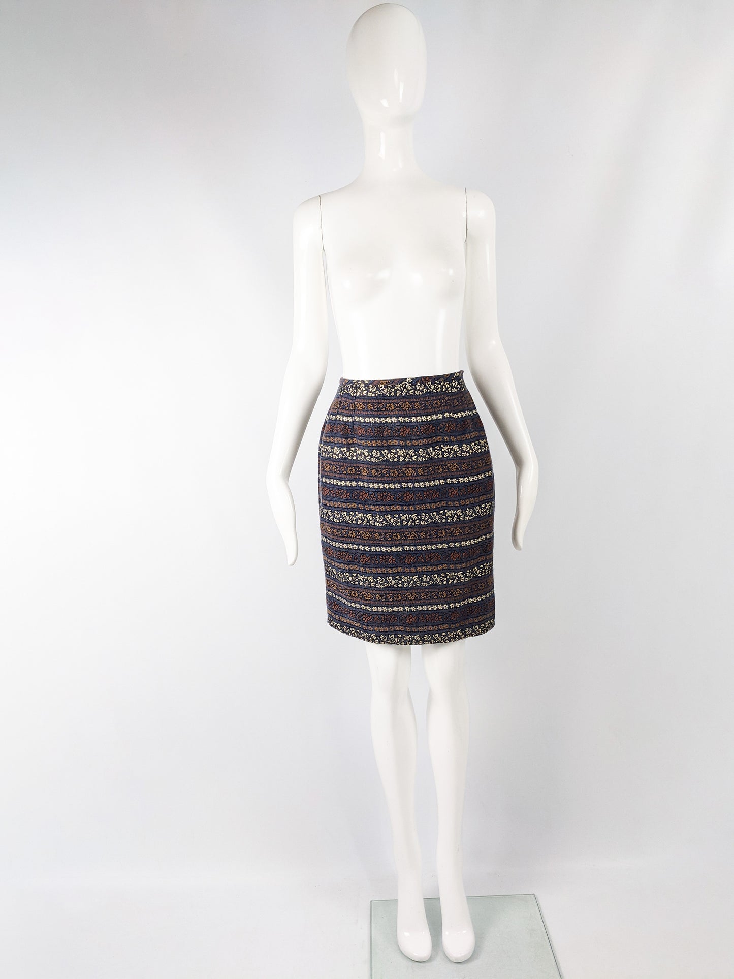 Womens Blue Vintage Brocade Pencil Skirt, 1980s