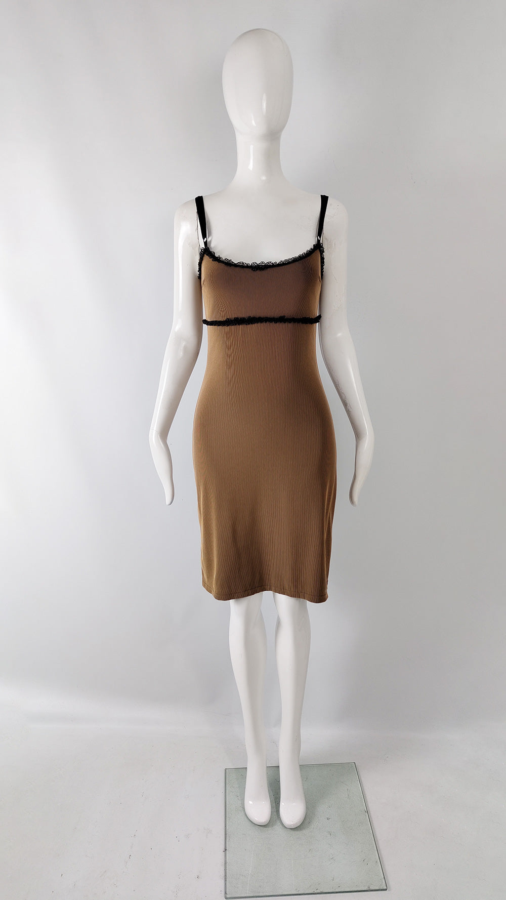 Ikito Vintage Brown Bodycon & Black Lace Strappy Dress, 1990s