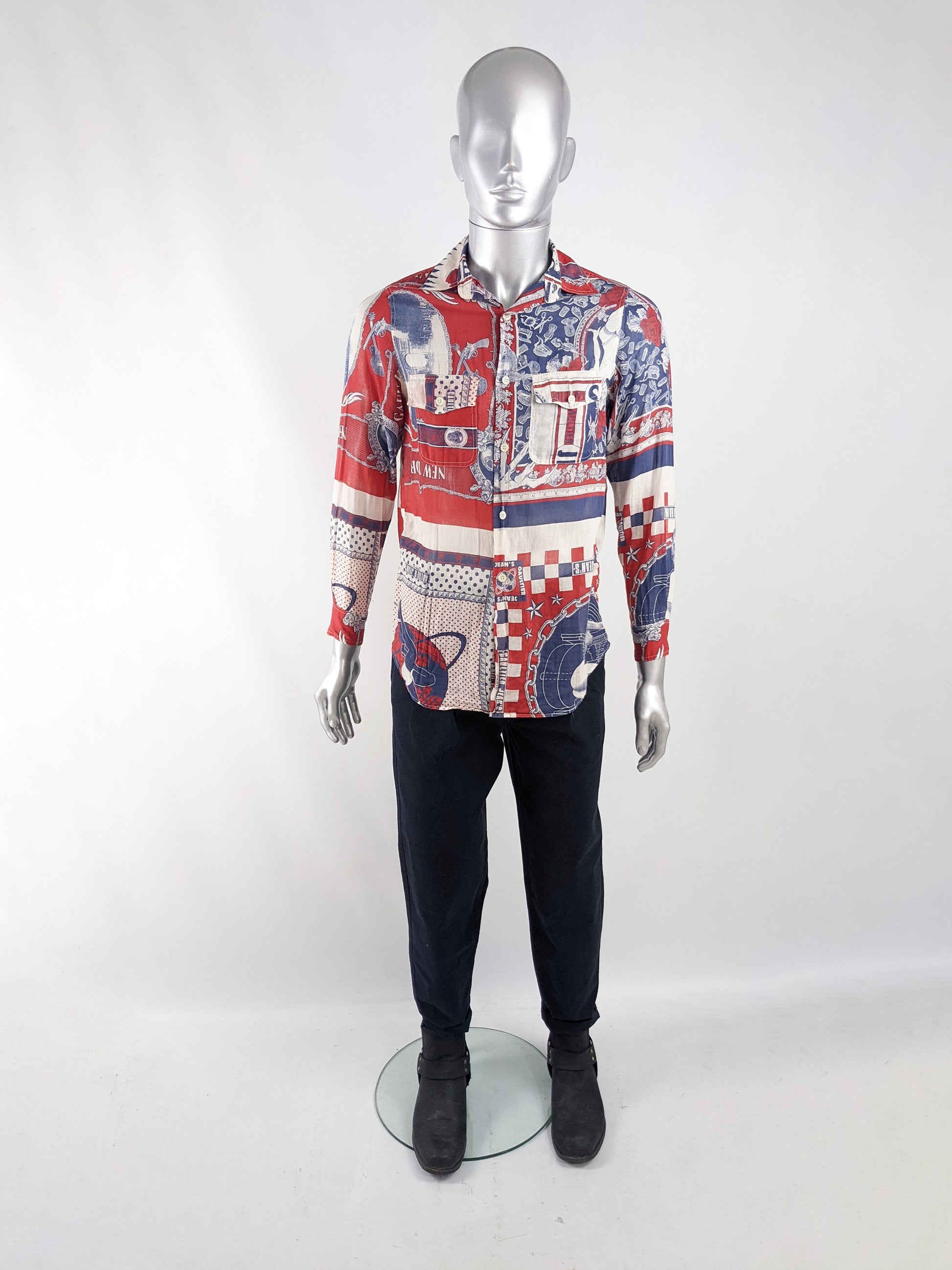 Jean Paul Gaultier Vintage Mens Blue Red Cotton Shirt, 1990s