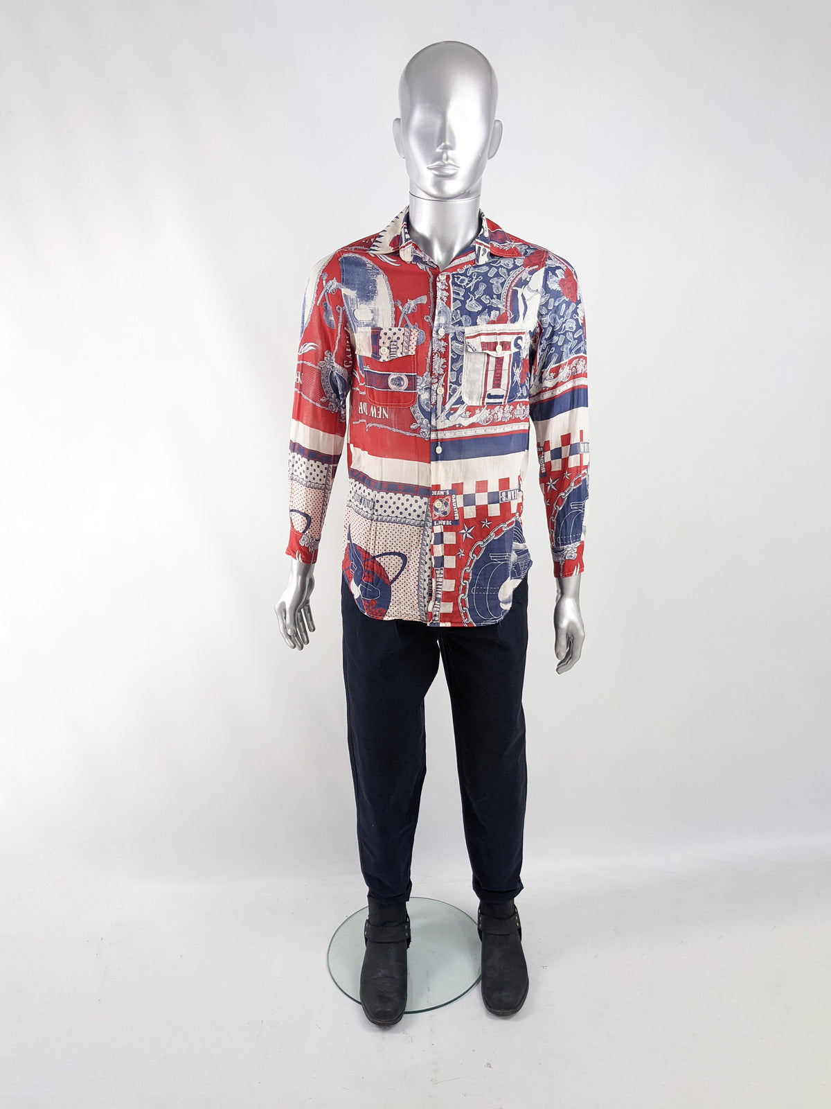 Jean Paul Gaultier Vintage Mens Blue & Red Cotton Shirt, 1990s