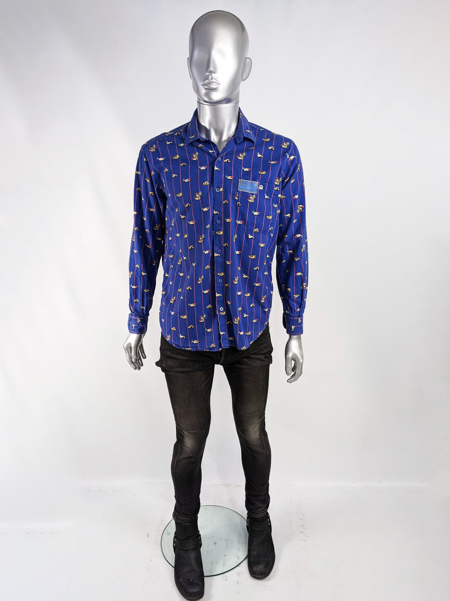 Trussardi Vintage Mens Long Sleeve Blue Duck Print Shirt, 1990s