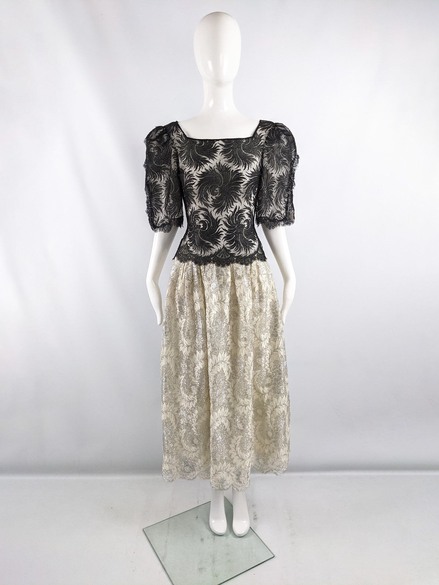 Vintage Sheer Black & Gold Lace Evening Dress, 1980s