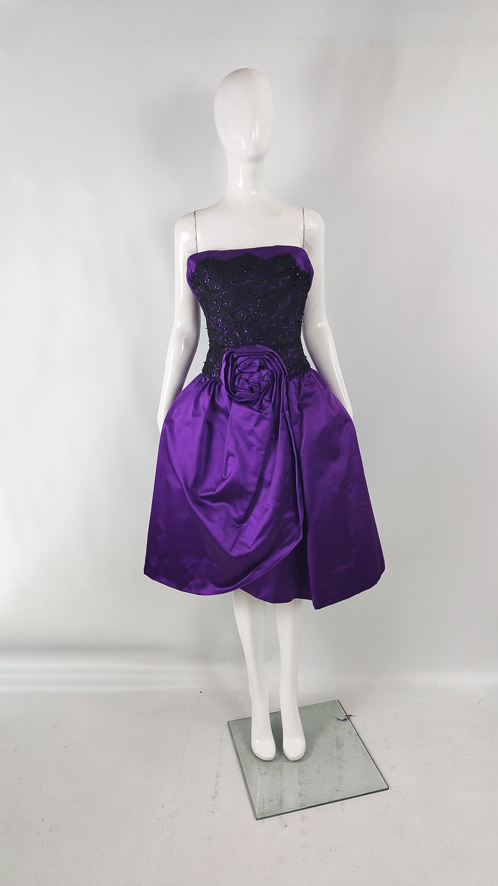 Murray Arbeid Vintage Purple Satin & Black Lace Evening Dress, 1980s