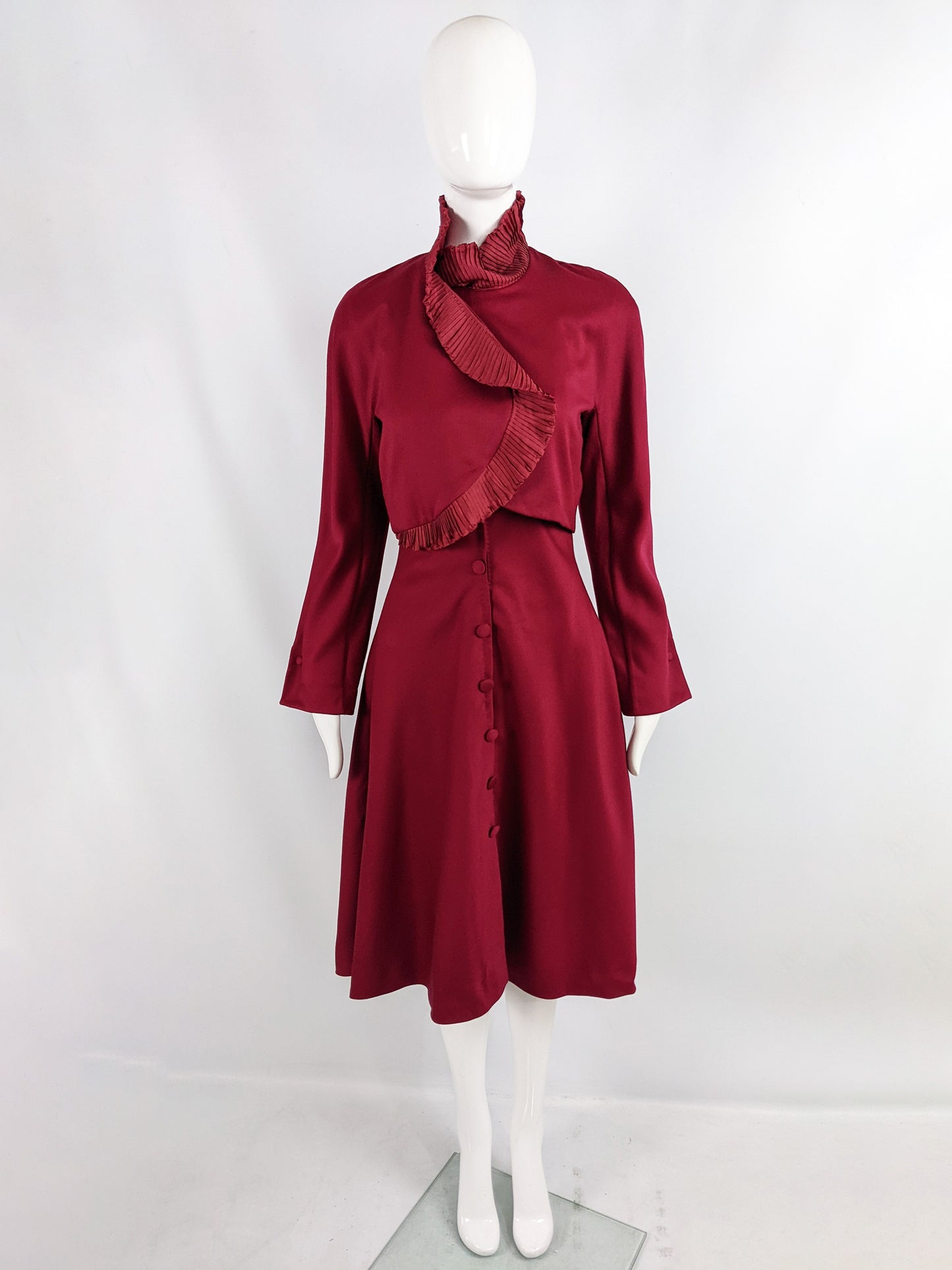 Eli Colaj Vintage Wine Red Wool & Pleated Ruffle Taffeta Collar Dress, 1980s