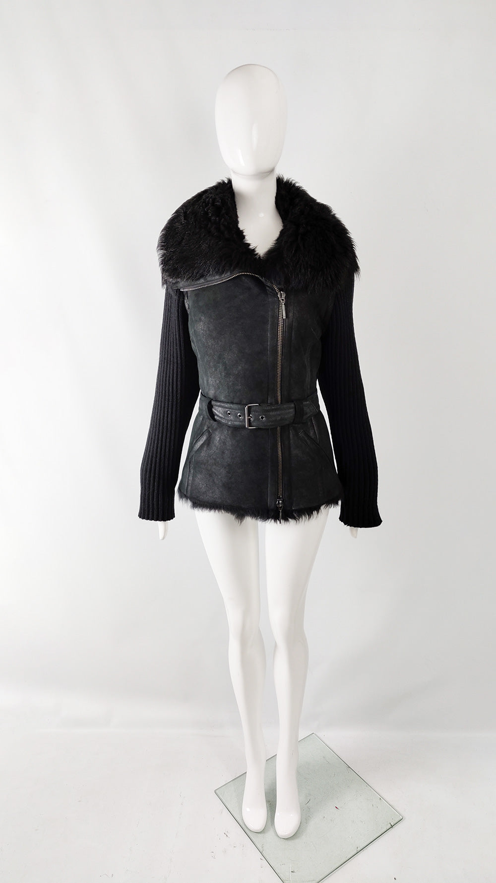 Plein Sud Vintage Black Shearling & Knit Moto Jacket, 1990s