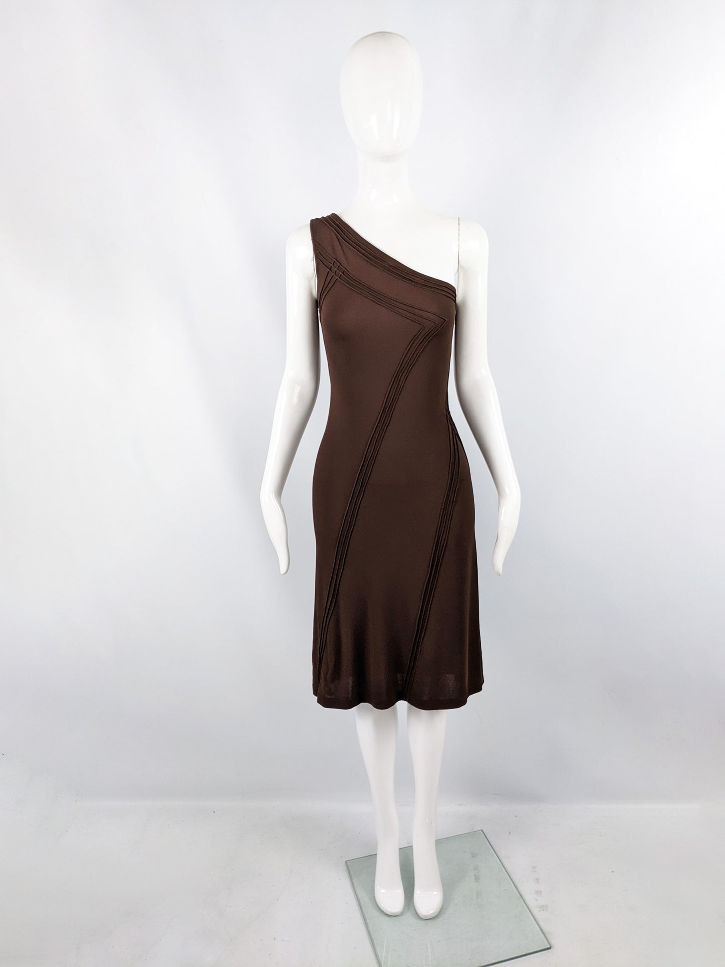 Donna Karan Vintage Brown Bodycon One Shoulder Dress, 1990s