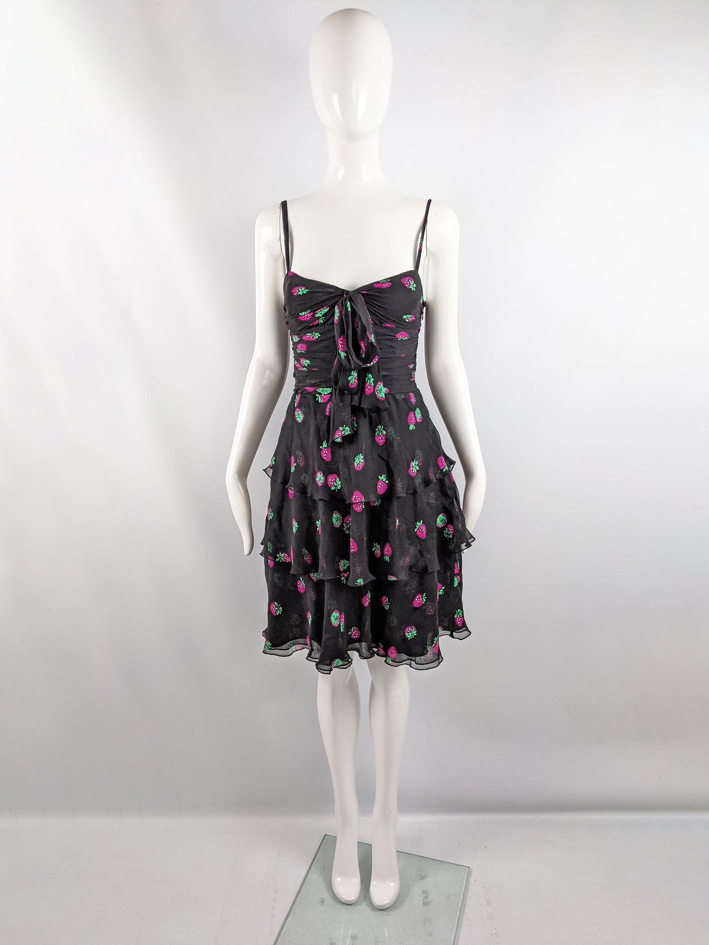 Vintage Strawberry Print Ruffled Silk Chiffon Dress, 1990s