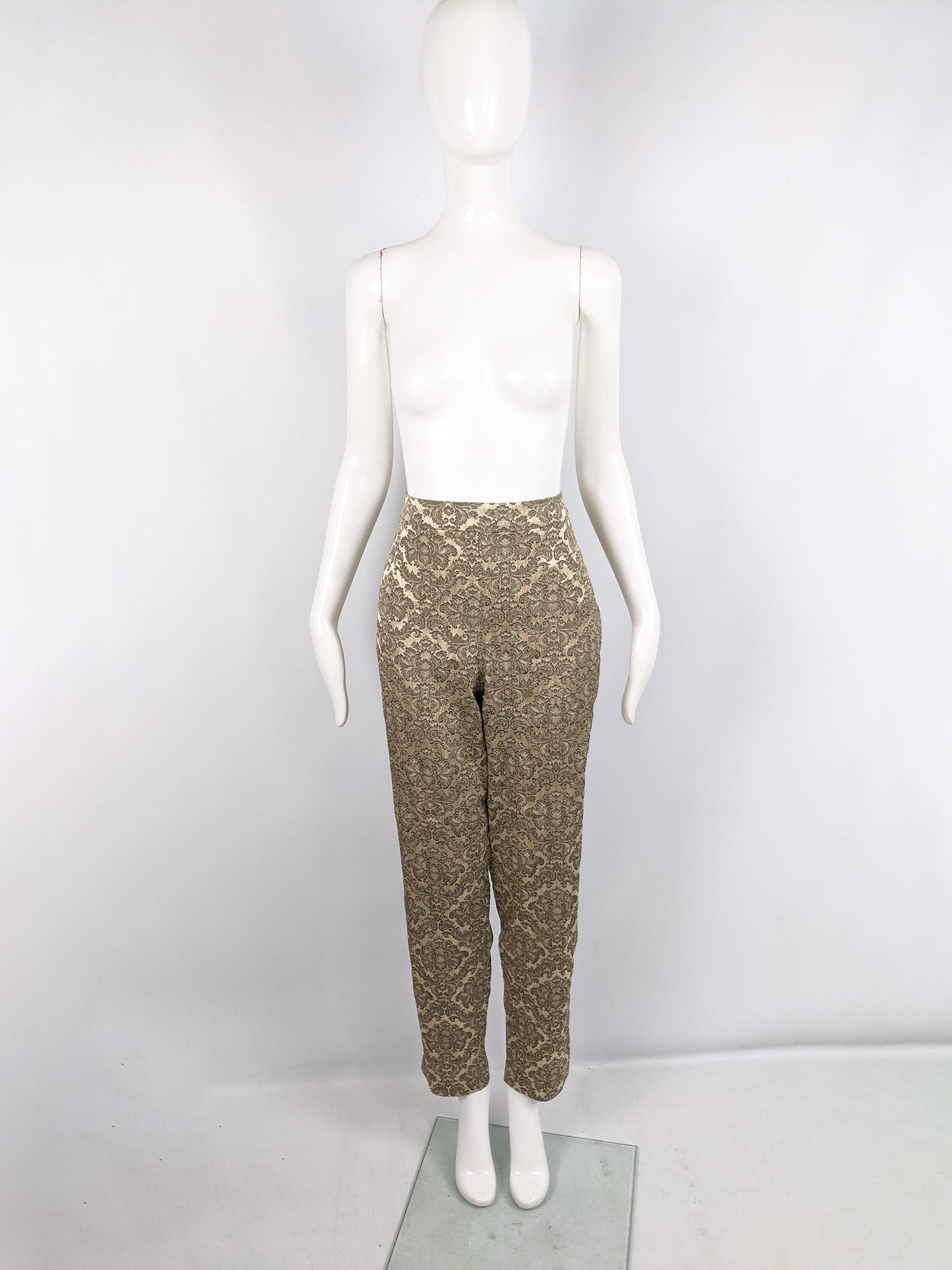 Vintage Gold Damask Satin Jacquard Cigarette Trousers, 1980s