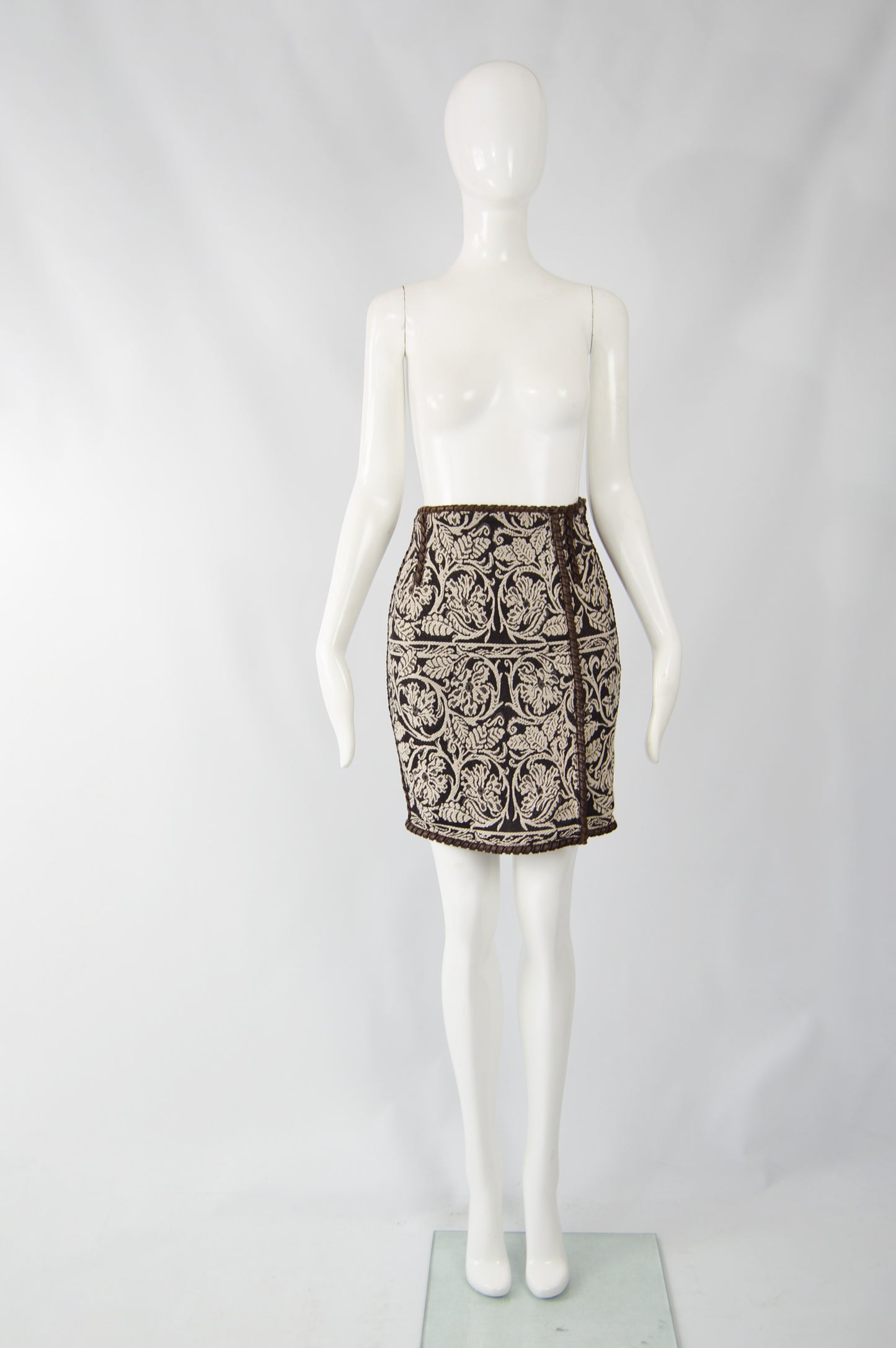 Vintage Womens Wool Tapestry & Leather Pencil Skirt, 1980s