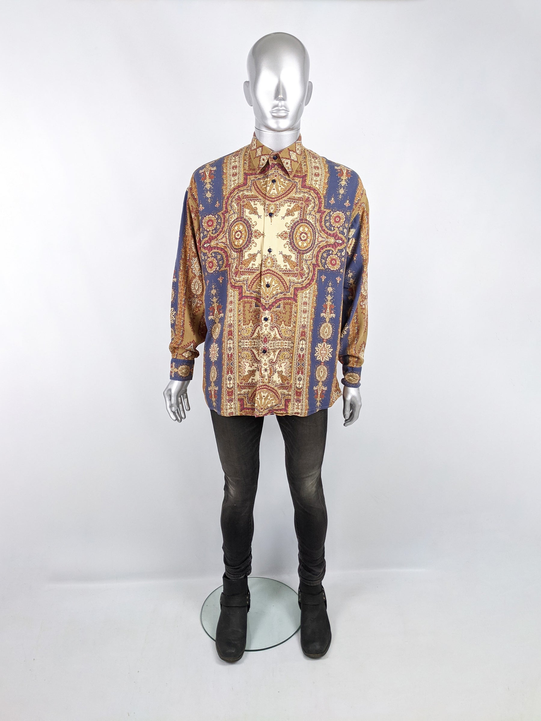Mens Vintage Patterned Tapestry Print Long Sleeve Shirt, 1990s