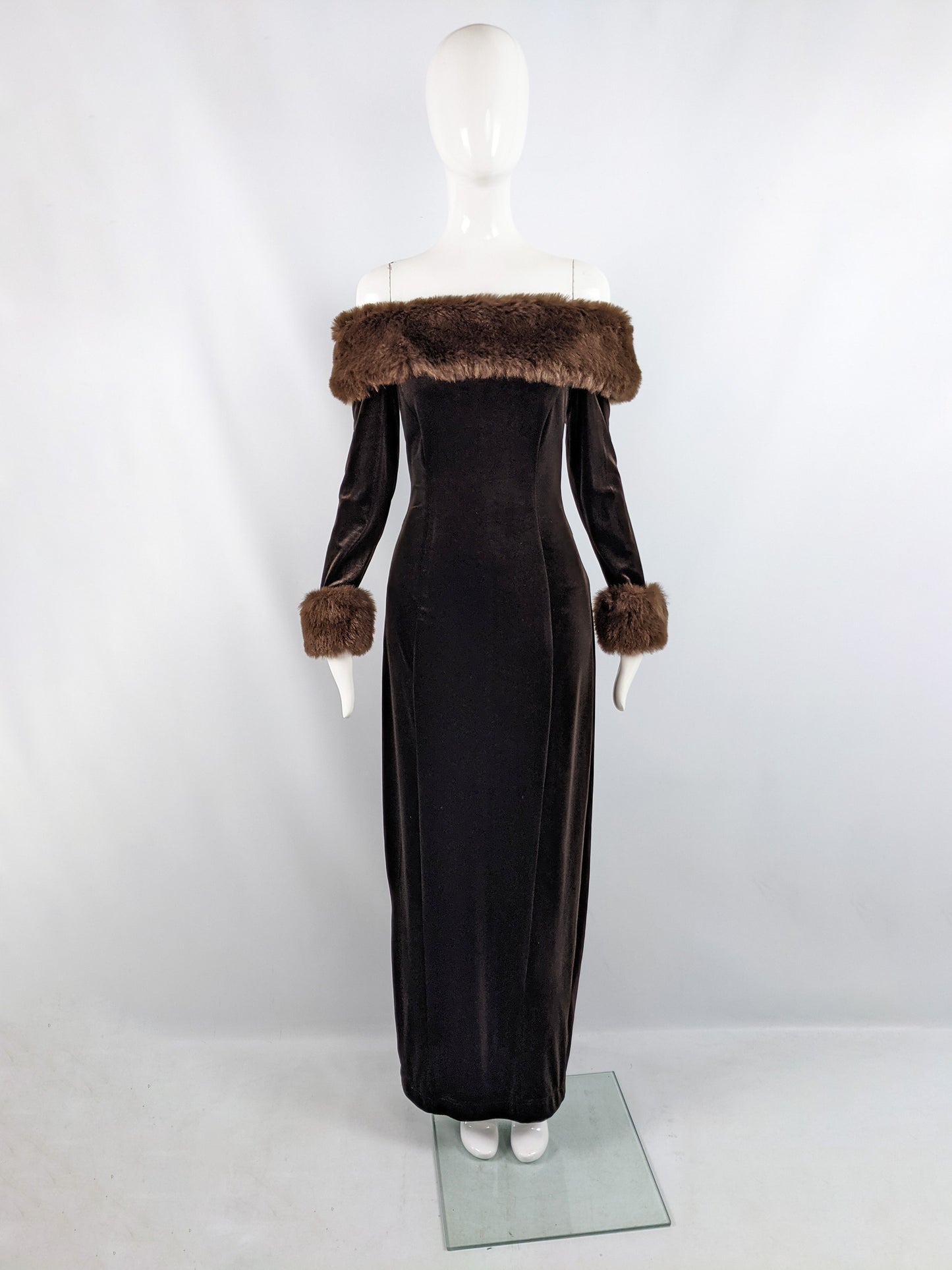 Vintage Brown Velour & Faux Fur Evening Gown, 1990s