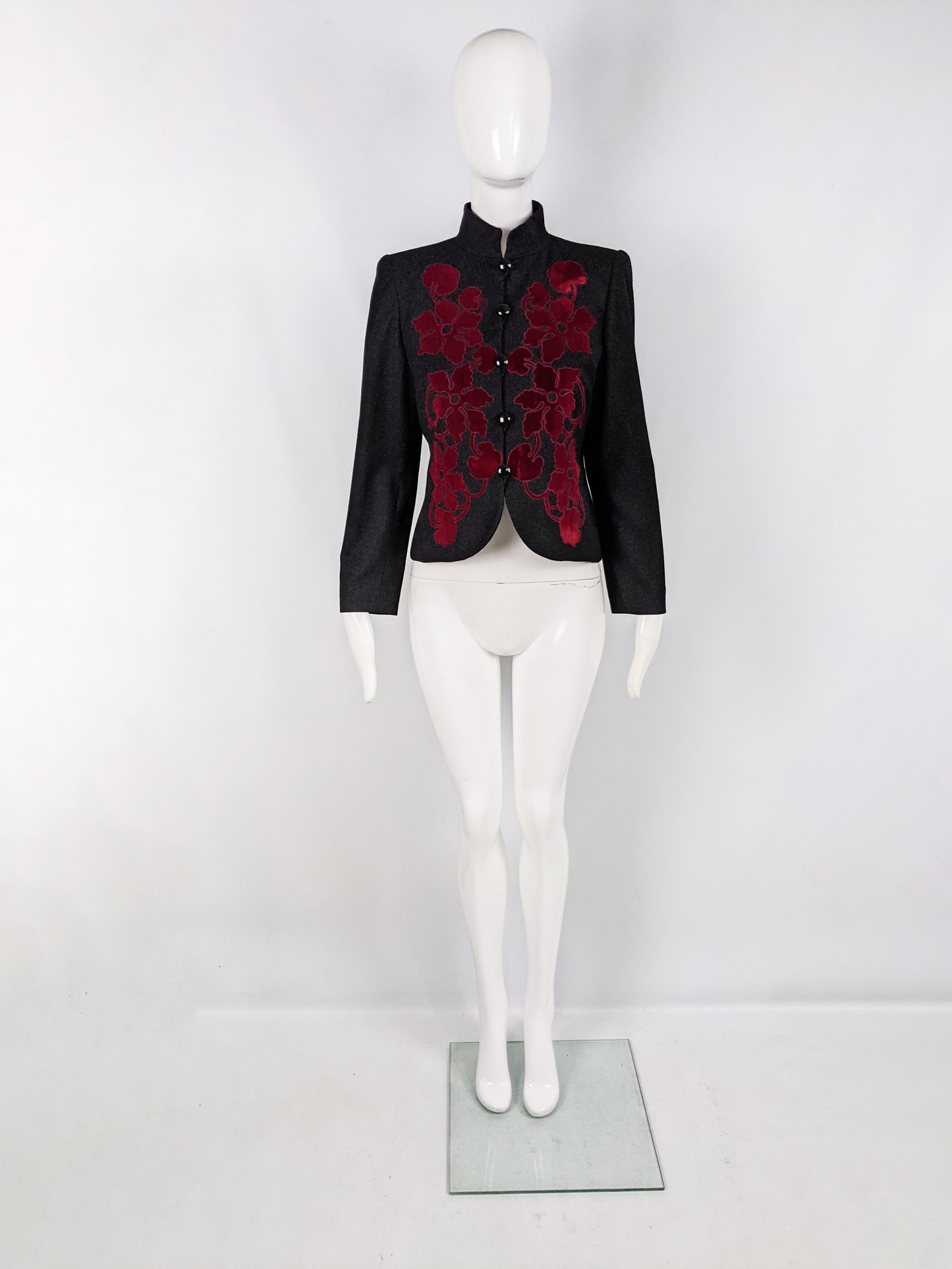 Vintage Structured Grey Wool & Red Velvet Appliqué Jacket, 1980s