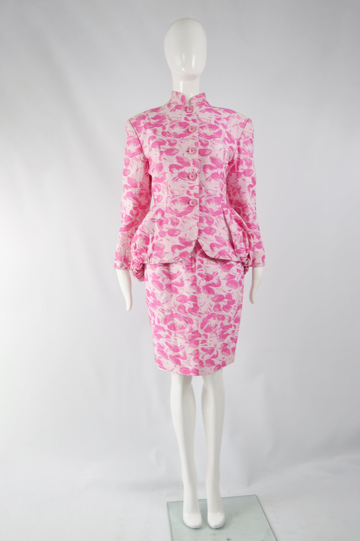 Vintage Womens Pink Floral Bustle Skirt Suit, 1980s