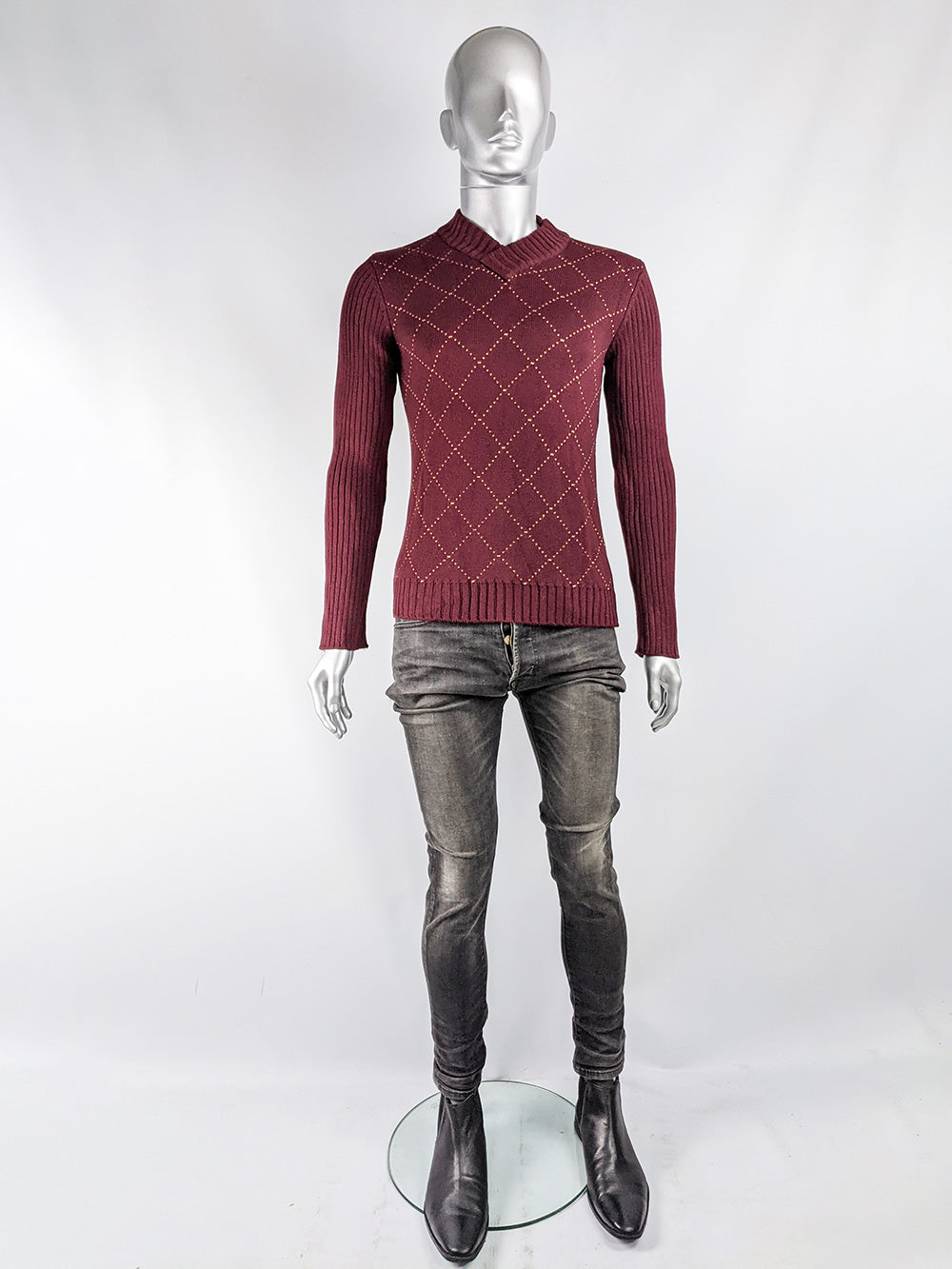 Mens Vintage Burgundy Red Diamond Jumper, 1990s